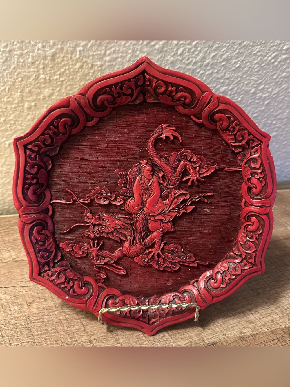 10” Chinese Hand-Carved Cinnabar Resin Plate